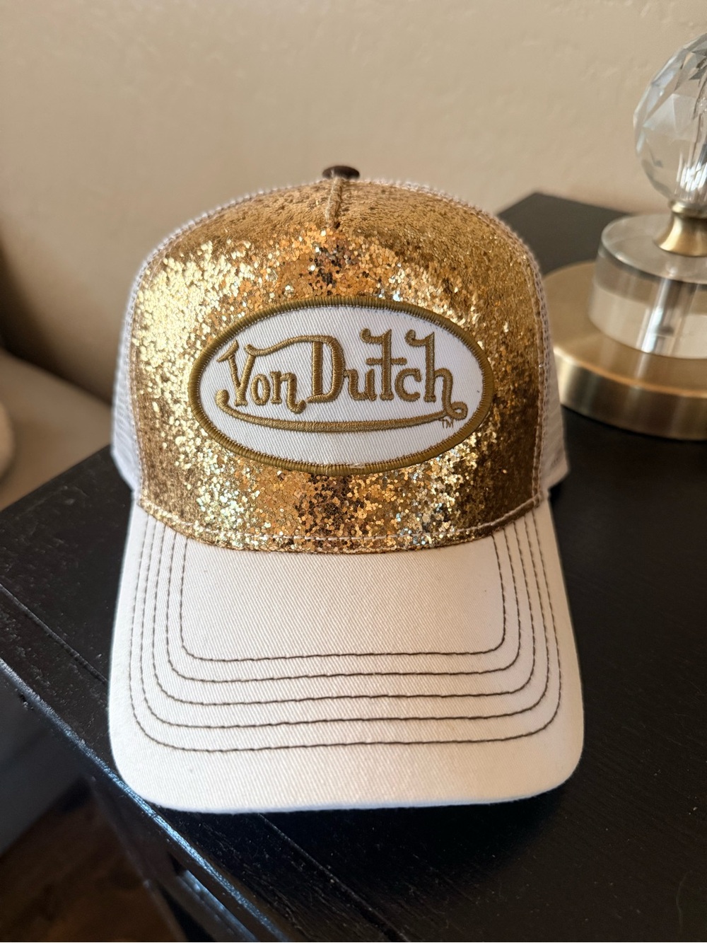 Von Dutch Gold and White Sequin Mesh Trucker Cap NWT